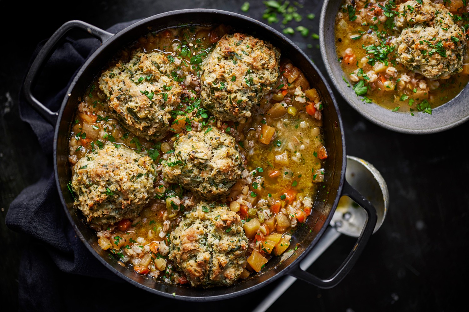 Veggie Scotch broth with herby dumplings