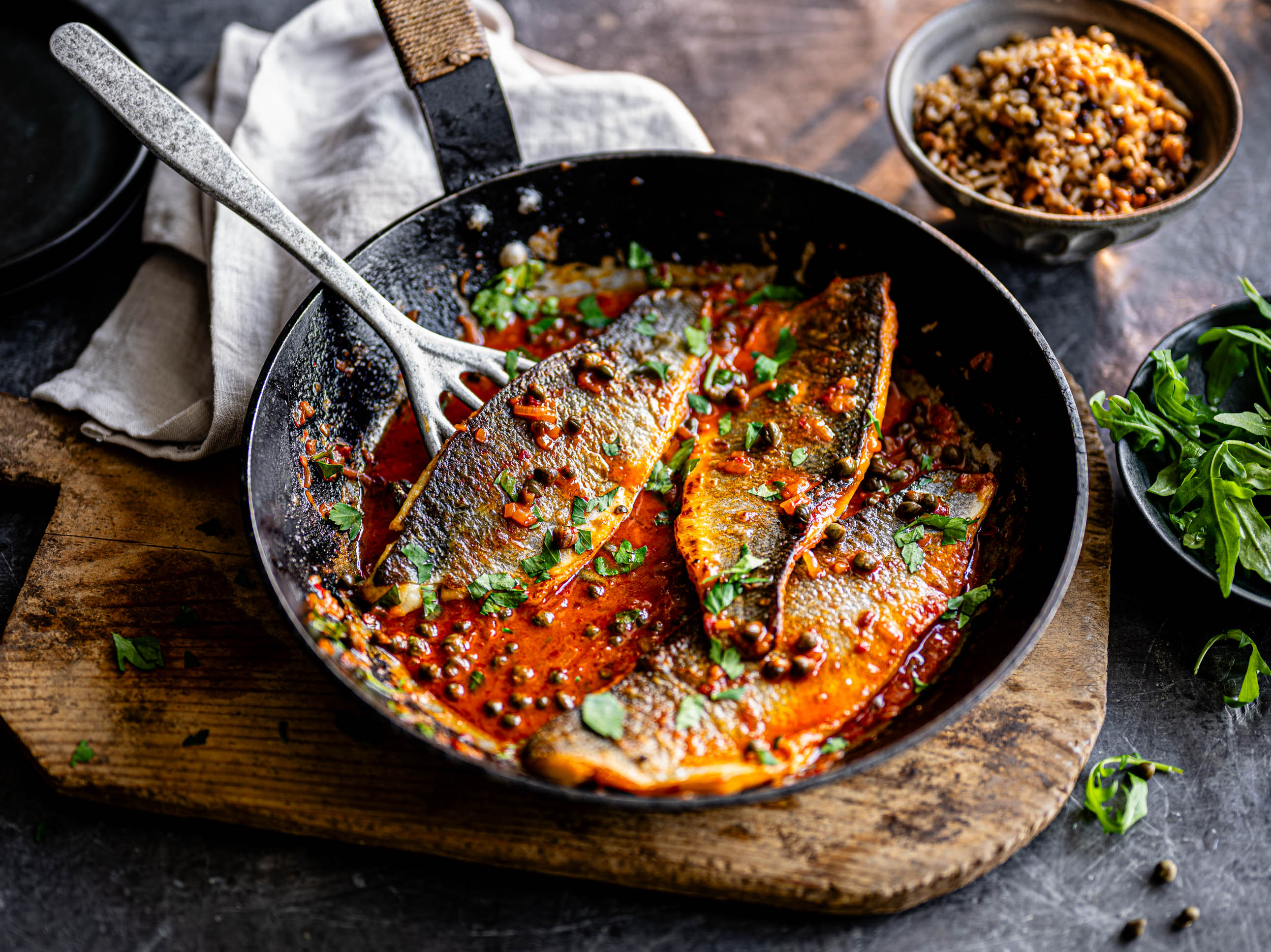 Smoky Seabass with an ‘Nduja and Caper Sauce | Recipes | M&S Recipe | M&S