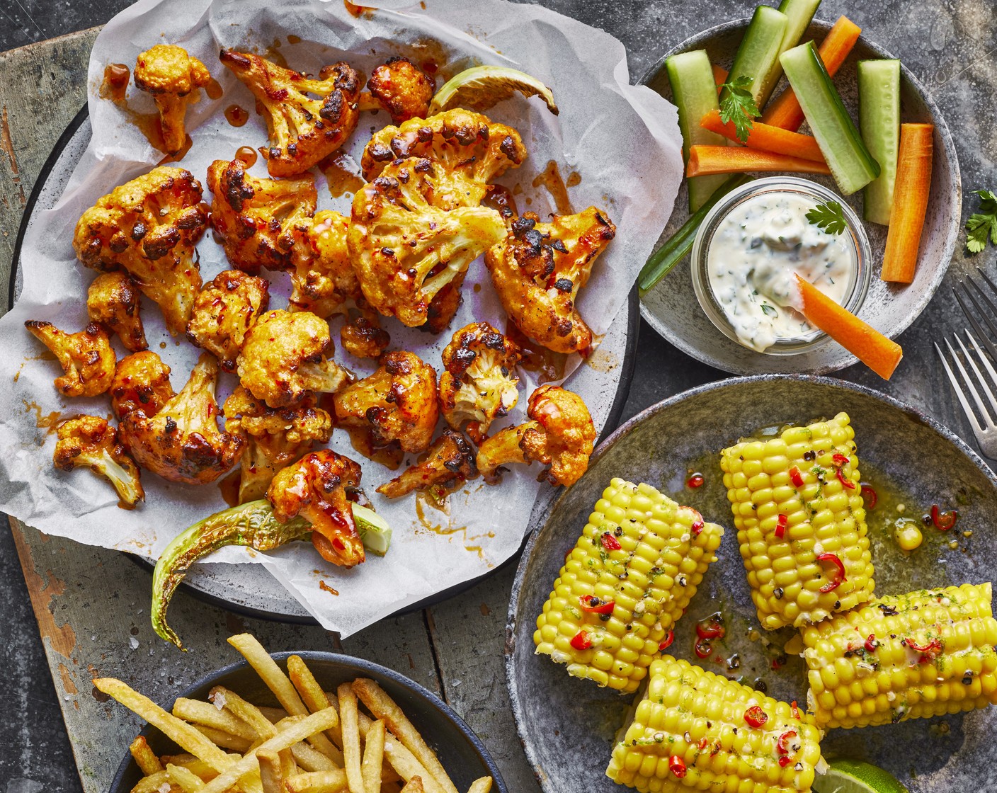 step 7 Serve the cauliflower with the corn, fries, ranch, M&S Remarksable Value carrot (1) and M&S celery stick (1).