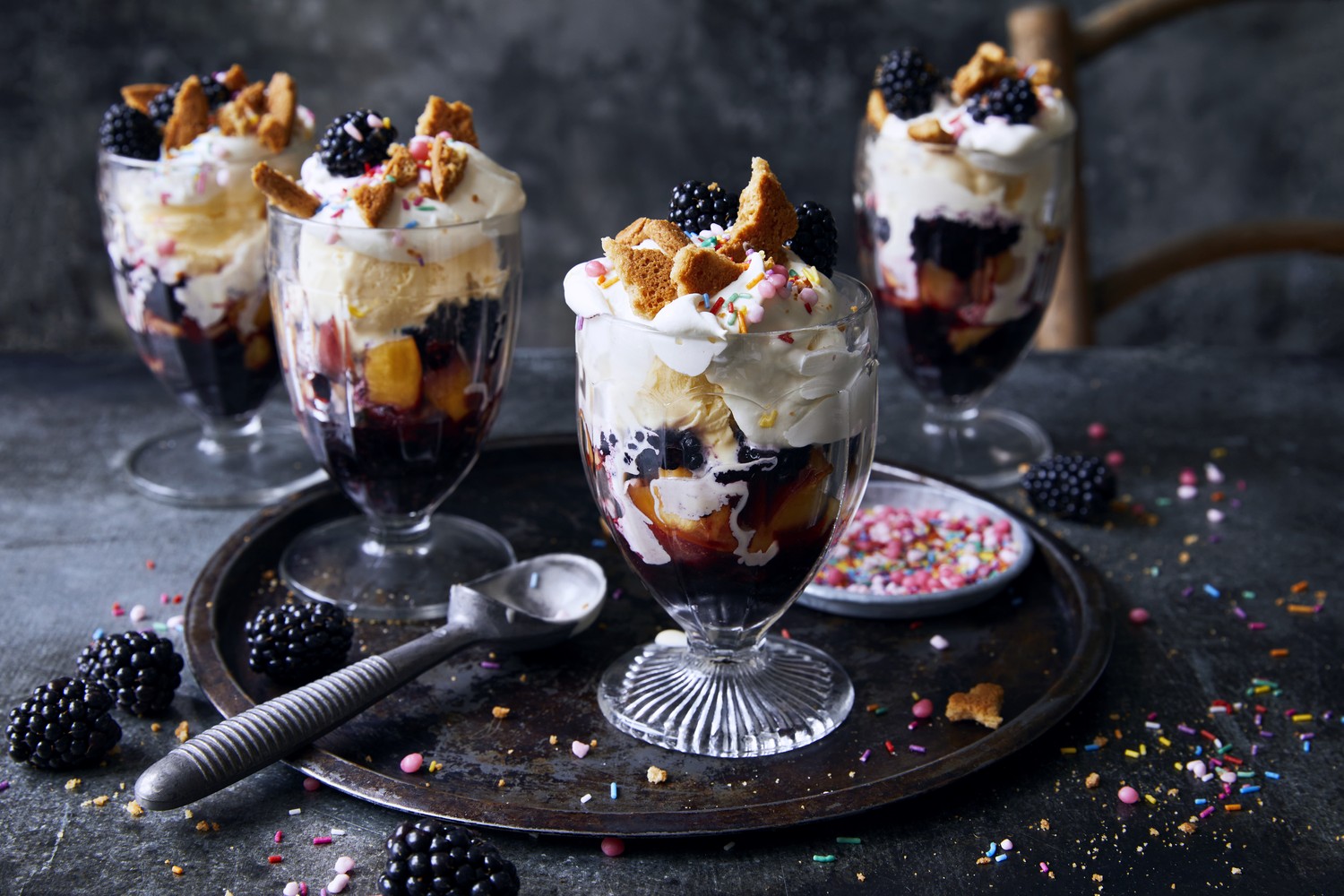 Blackberry and peach ice cream sundae