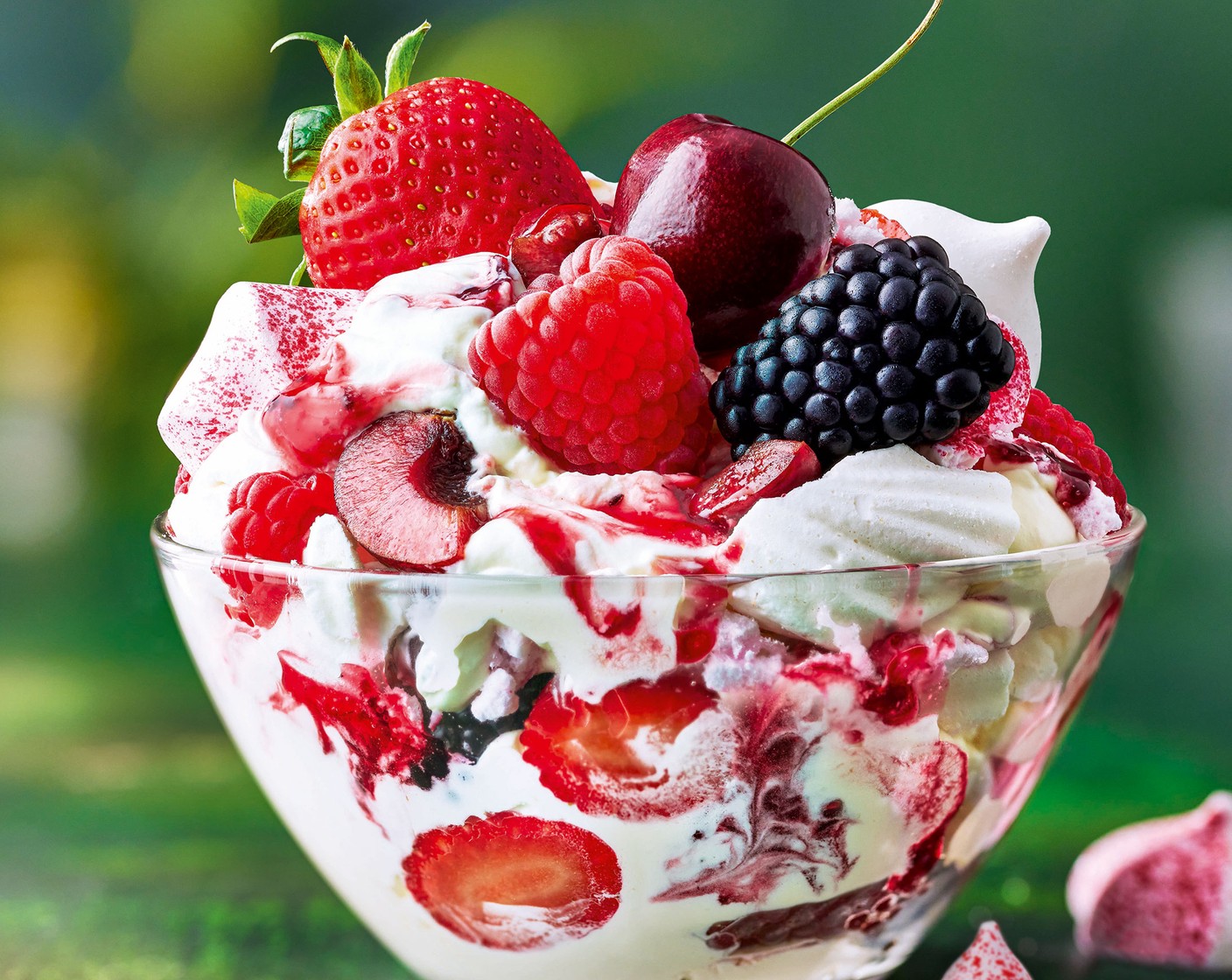 step 3 Pile into a bowl and decorate with the remaining M&S fruity meringue kisses (50 g) and whole fruit.