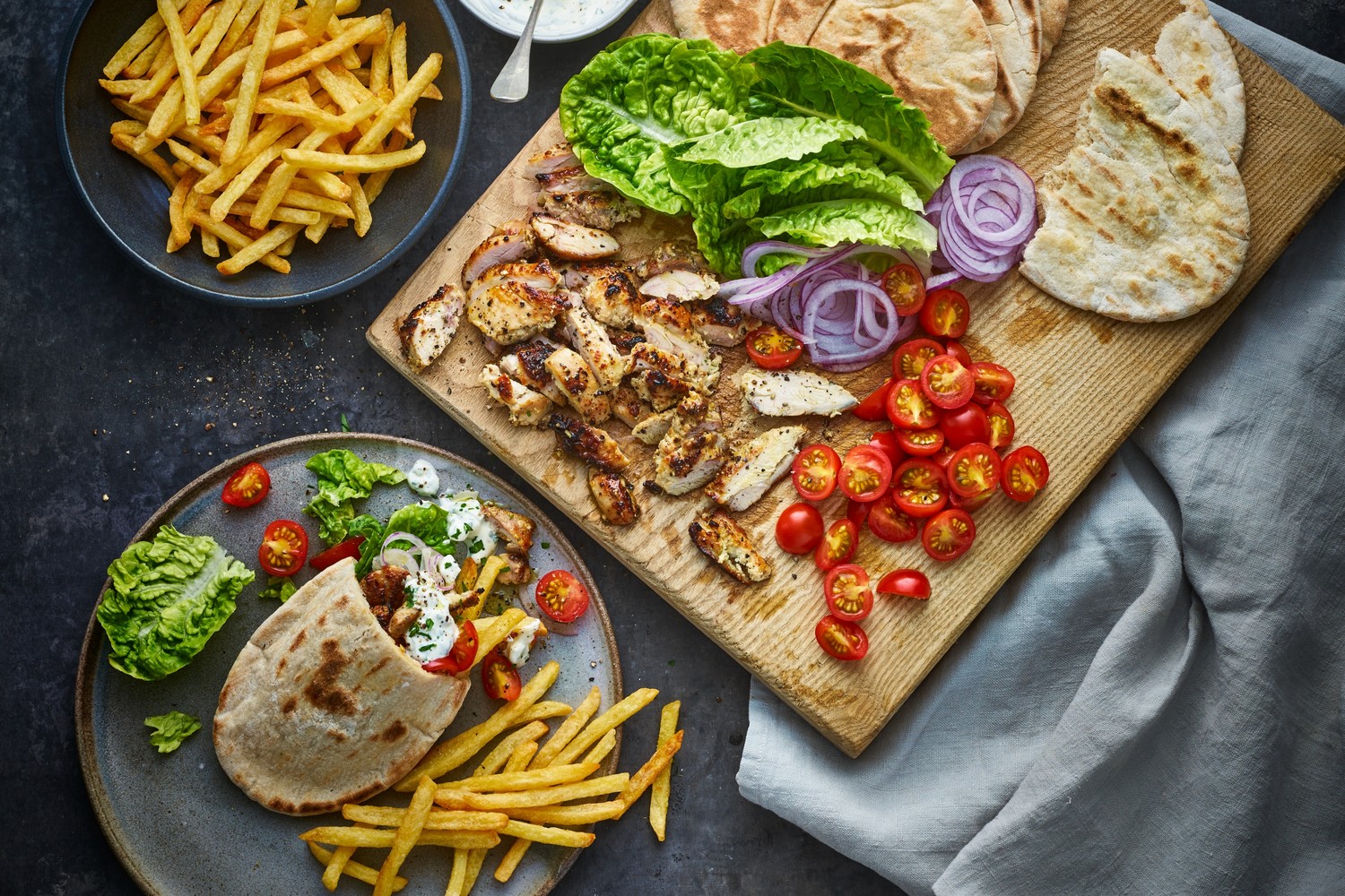Springtime chicken souvlaki-style pittas