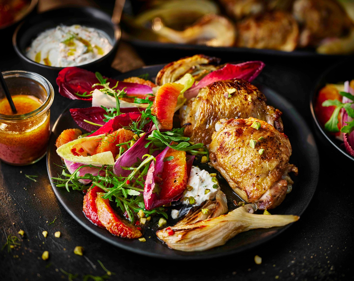 step 7 Divide the chicken and fennel between plates, spooning over the roasting juices. Serve alongside the salad, then finish with a dollop of ricotta and a sprinkle of chopped pistachios (3 tbsp).