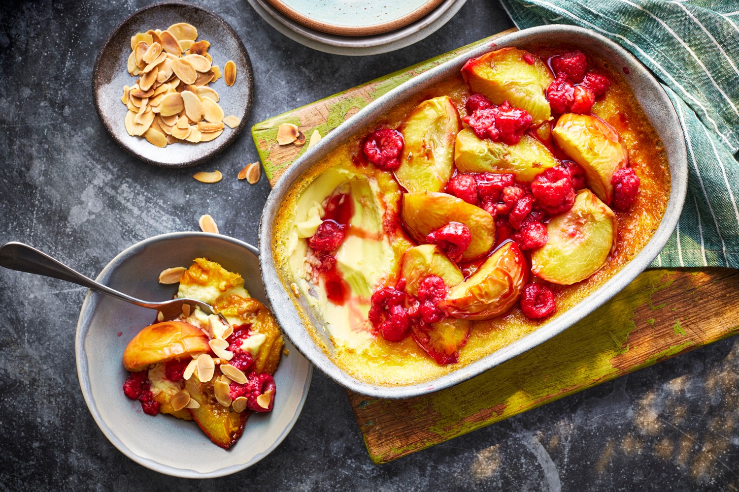 Baked vanilla custard with roasted Pavia peaches and raspberries