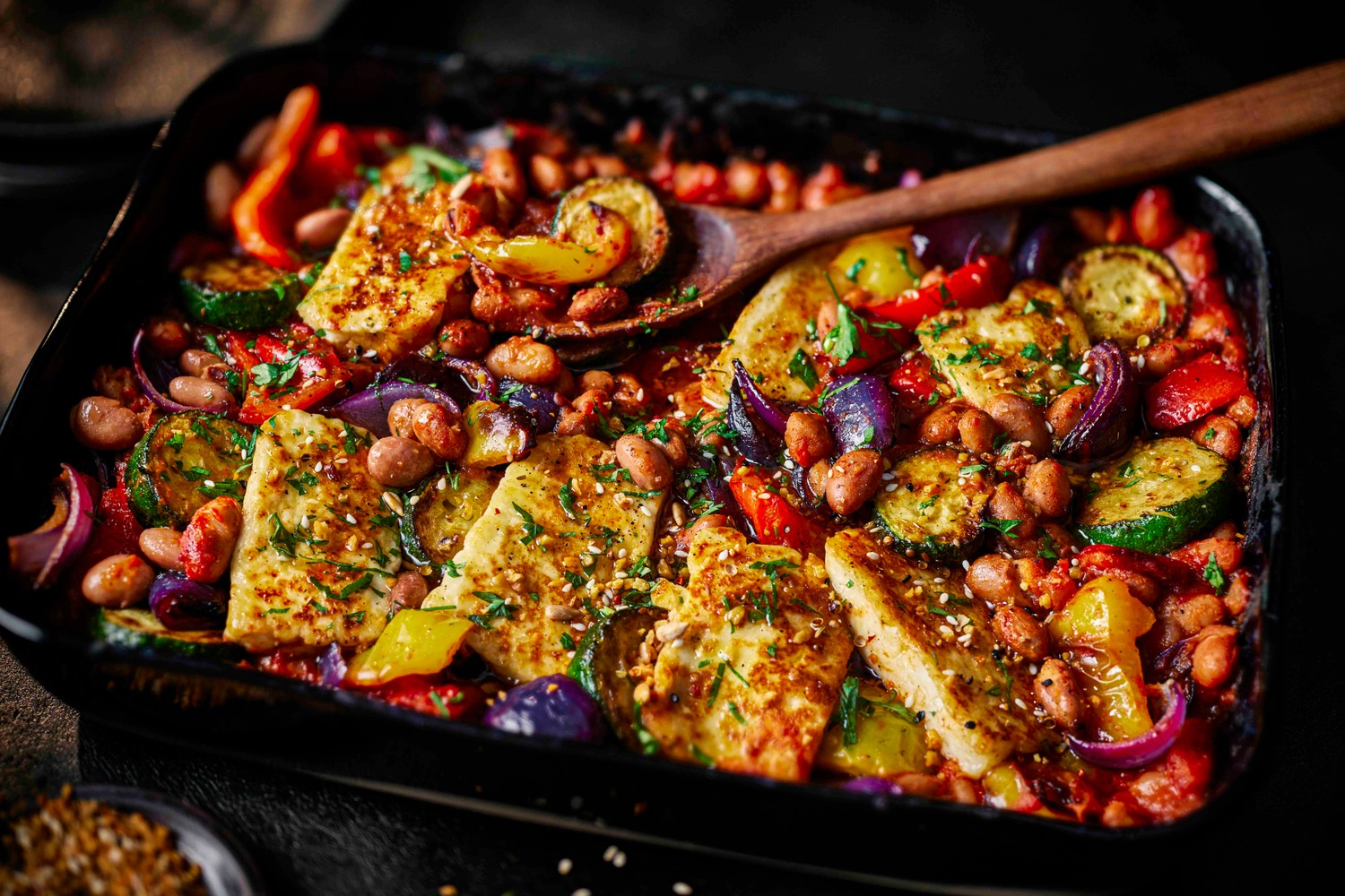 Easy shawarma halloumi and borlotti bean traybake recipe