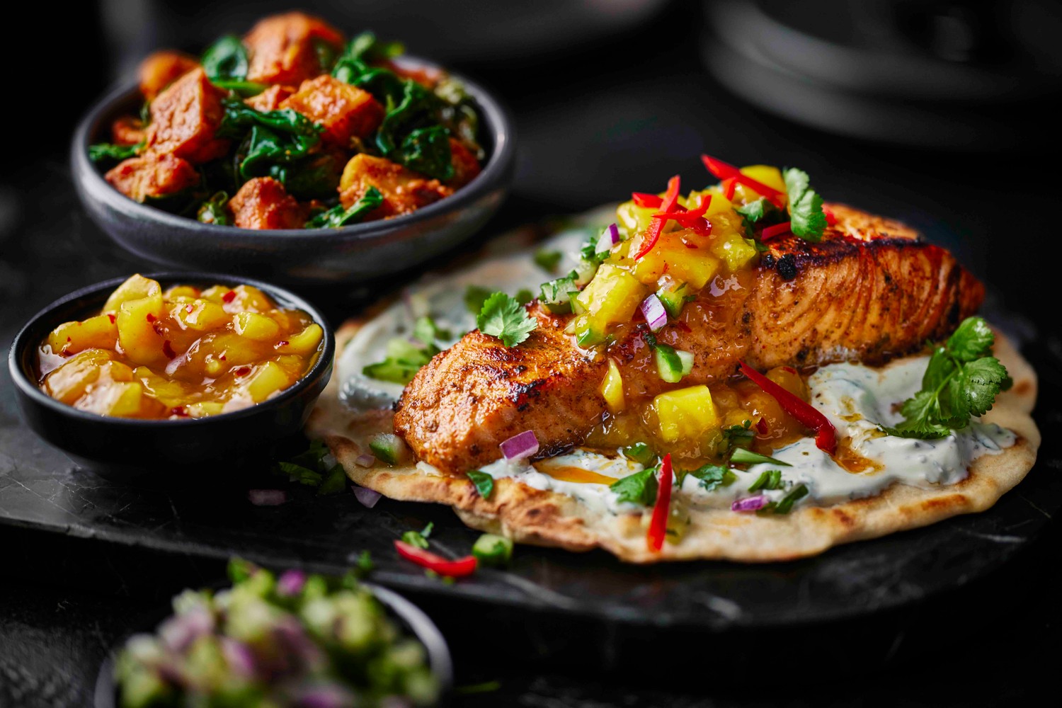 Poppy O’Toole’s barbecue tikka salmon with homemade flatbreads, masala potatoes and quick mango chutney