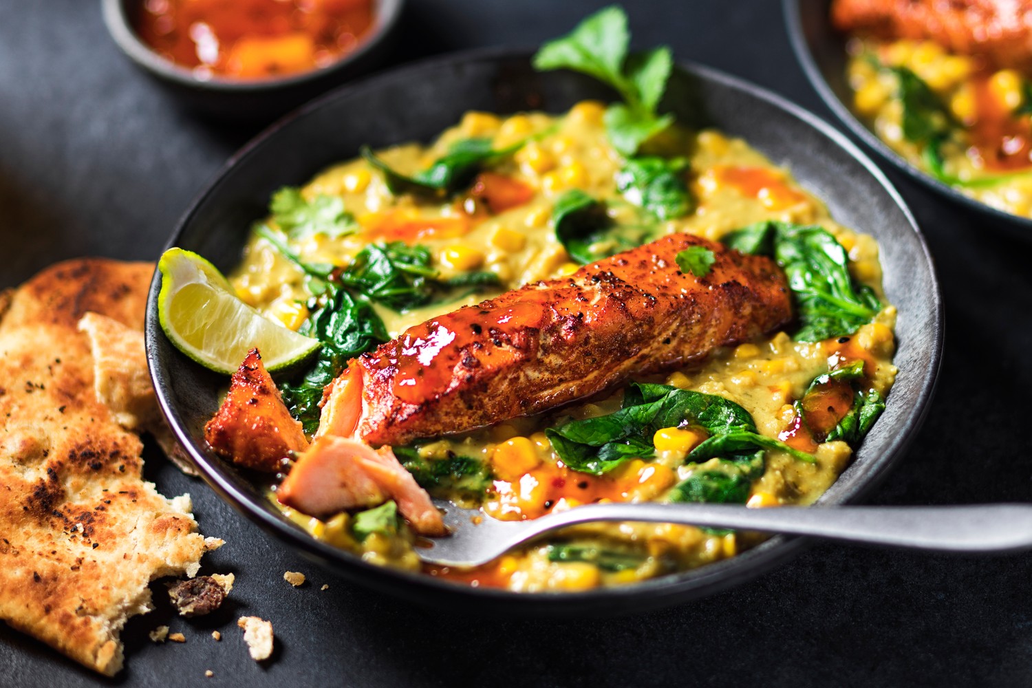 Speedy tandoori salmon and sweetcorn dal
