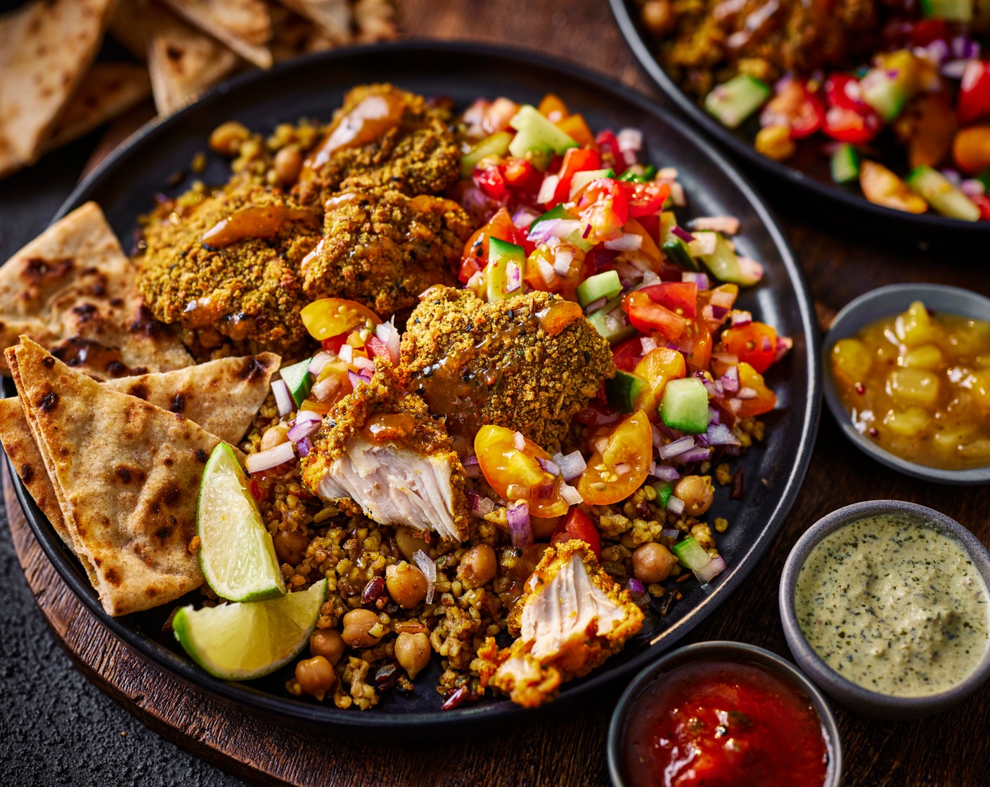 step 6 Serve the chicken, roti chips, grains and kachumber with the dips (1 pack) and the remaining lime (1), cut into wedges.