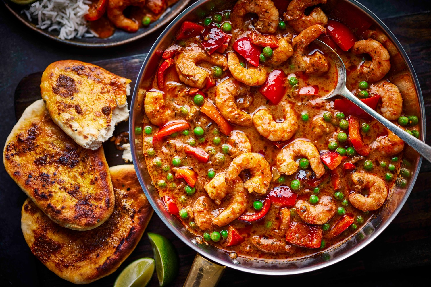 Prawn tikka masala curry with chilli butter naans