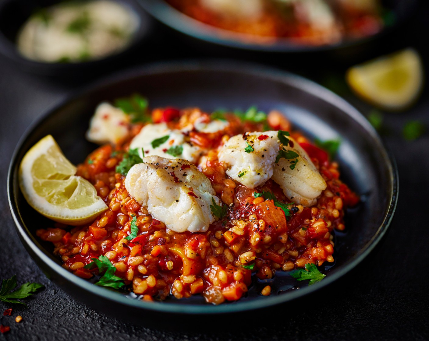 step 5 Add the monkfish to the pan with the rice, cover and allow to stand for 5 minutes, until the monkfish is cooked through. Serve with the parsley (10 g), aioli (4 tbsp) and lemon wedge (1).