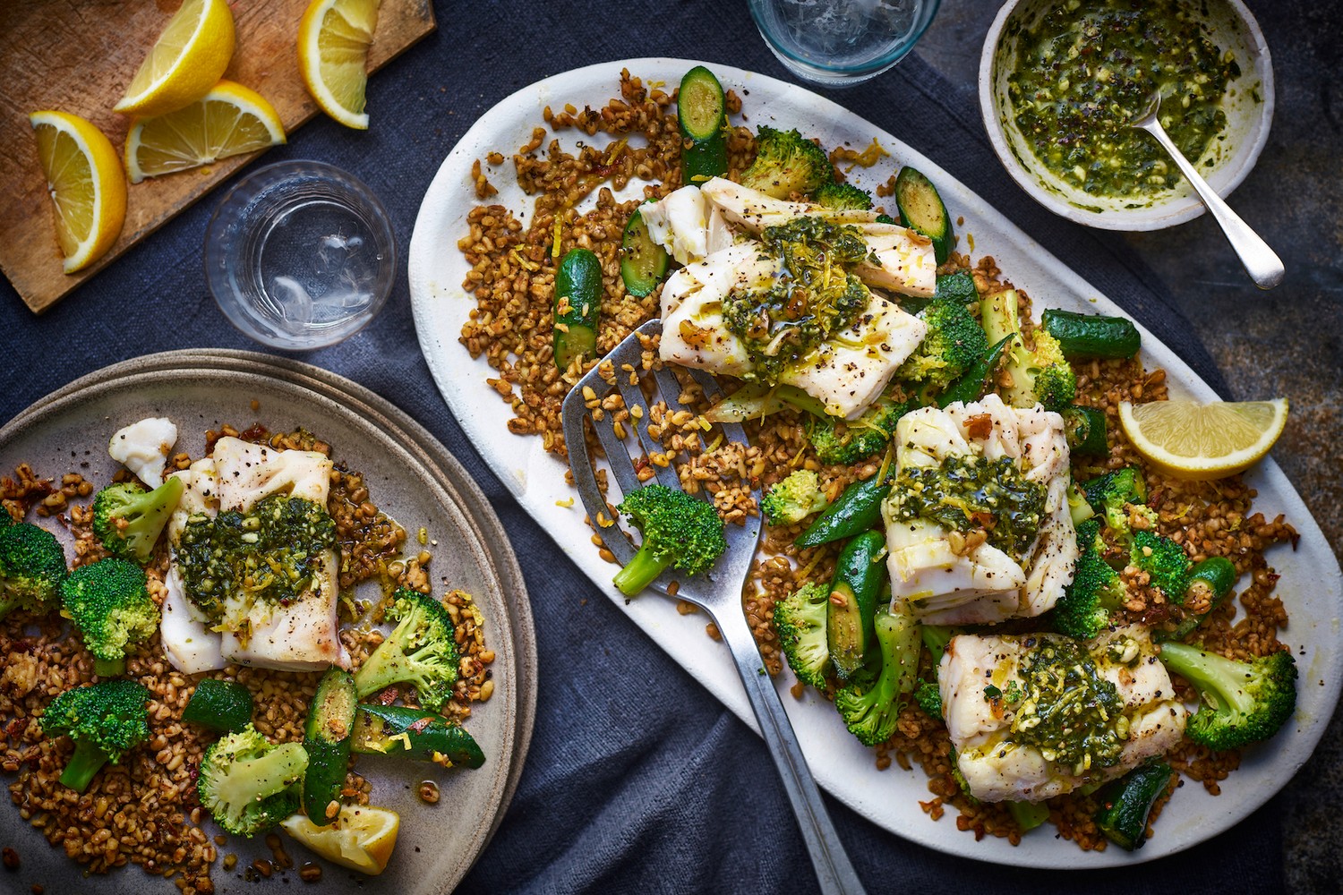 Cod with grains, greens and pesto