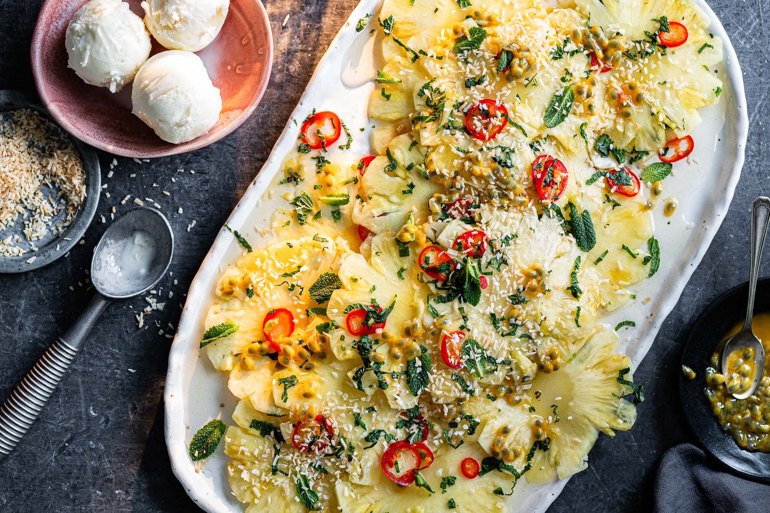 Totally tropical pineapple carpaccio with hot honey and mint