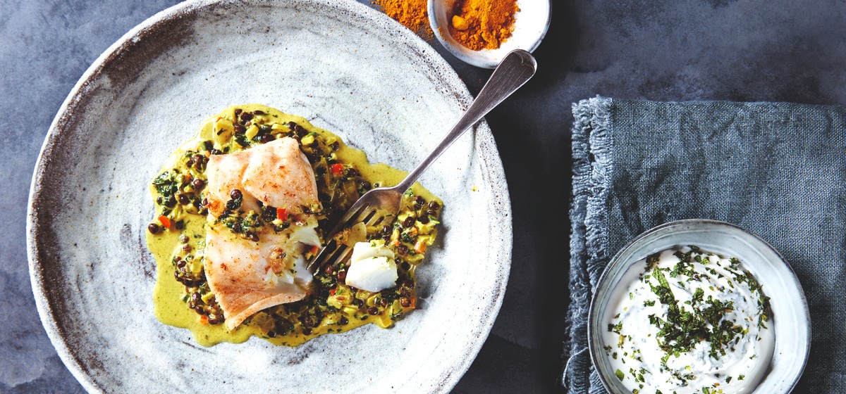 Indian-spiced Norwegian cod with coconut and black lentils Recipe | M&S