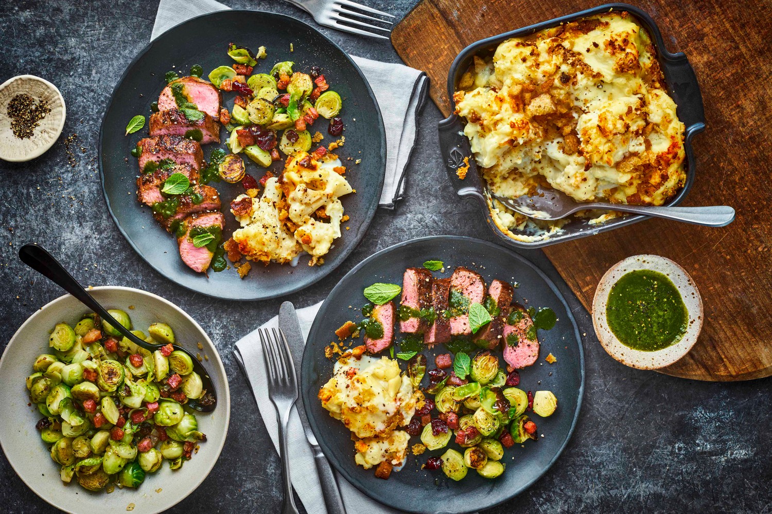 Spiced lamb loin, cauliflower cheese, brussels sprouts and mint sauce