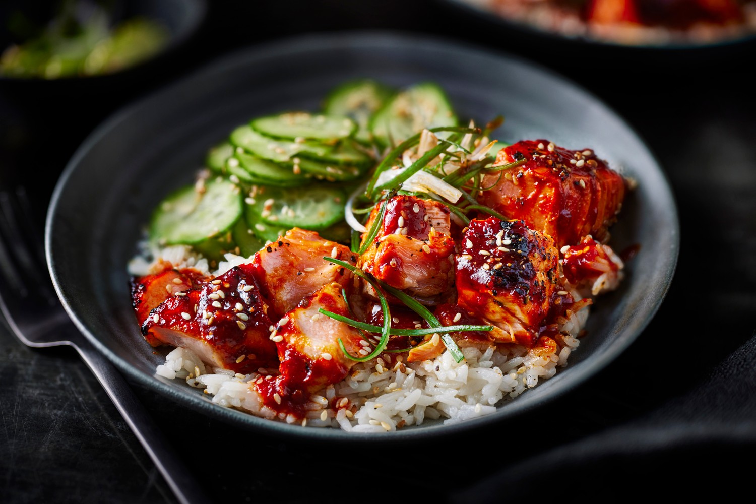 Sticky Korean chilli salmon rice bowls