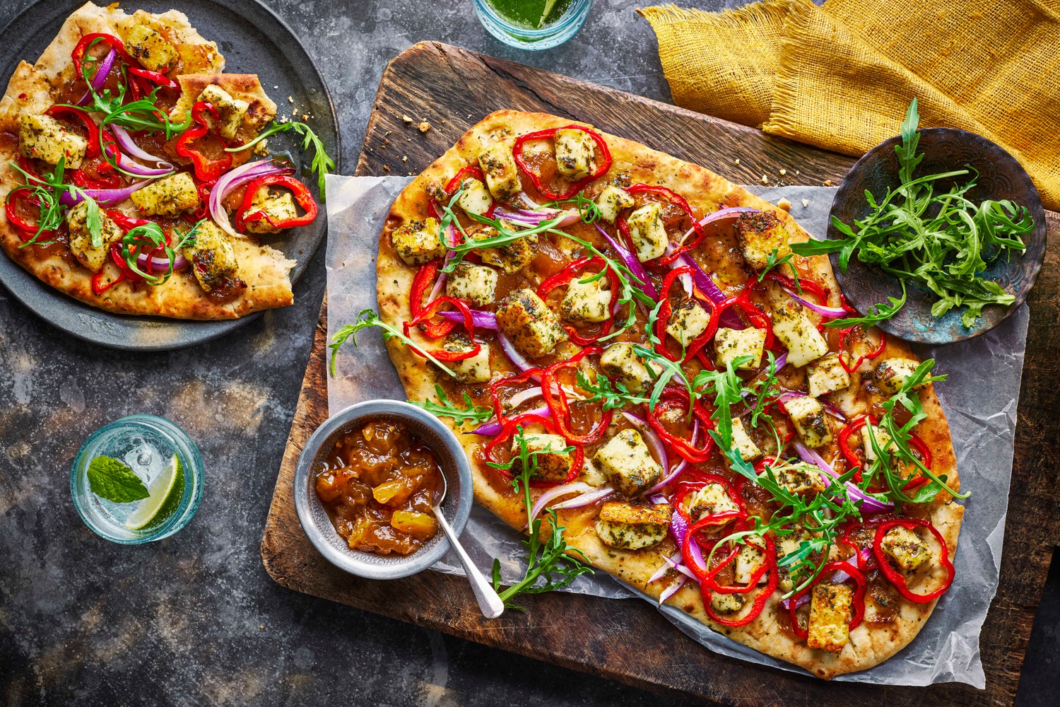 Loaded herby halloumi and spicy charred pineapple naans