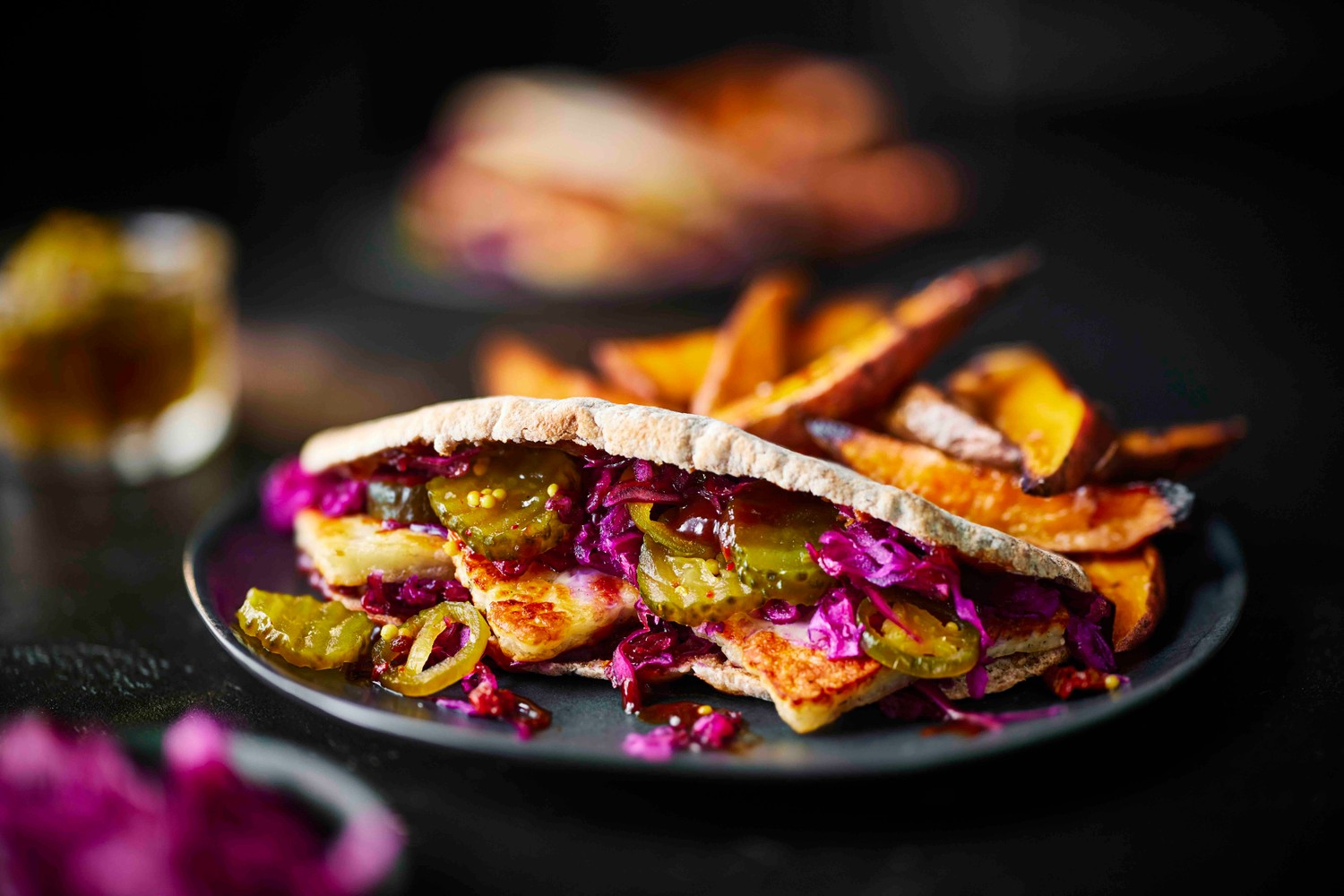 Air fryer barbecue halloumi pittas with sweet potato wedges