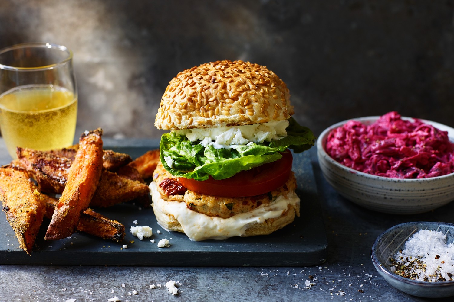 Chicken and sundried tomato burgers with crispy sweet potato wedges