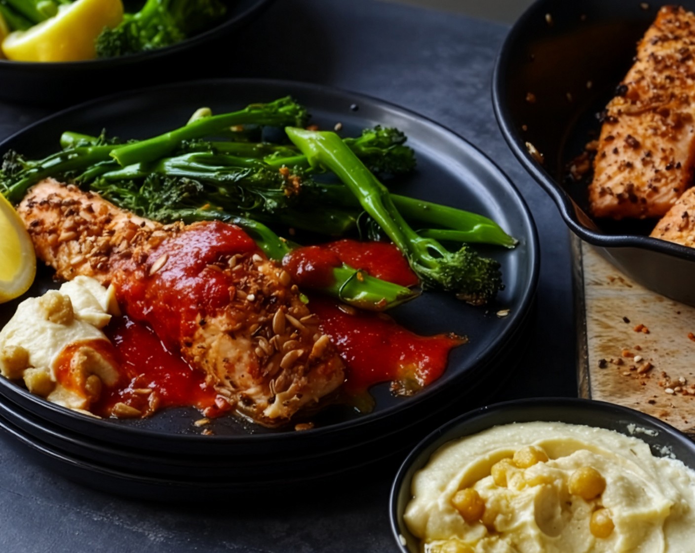 step 5 Divide the broccoli between four plates, place the salmon alongside, with a dollop of the houmous (1 pot) and drizzle over the red pepper paste mix. Cut the rest of the lemon (1/2) into wedges and serve.