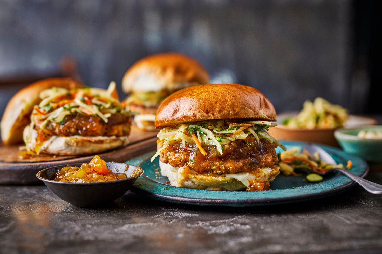 Thai red prawn burgers with Asian slaw