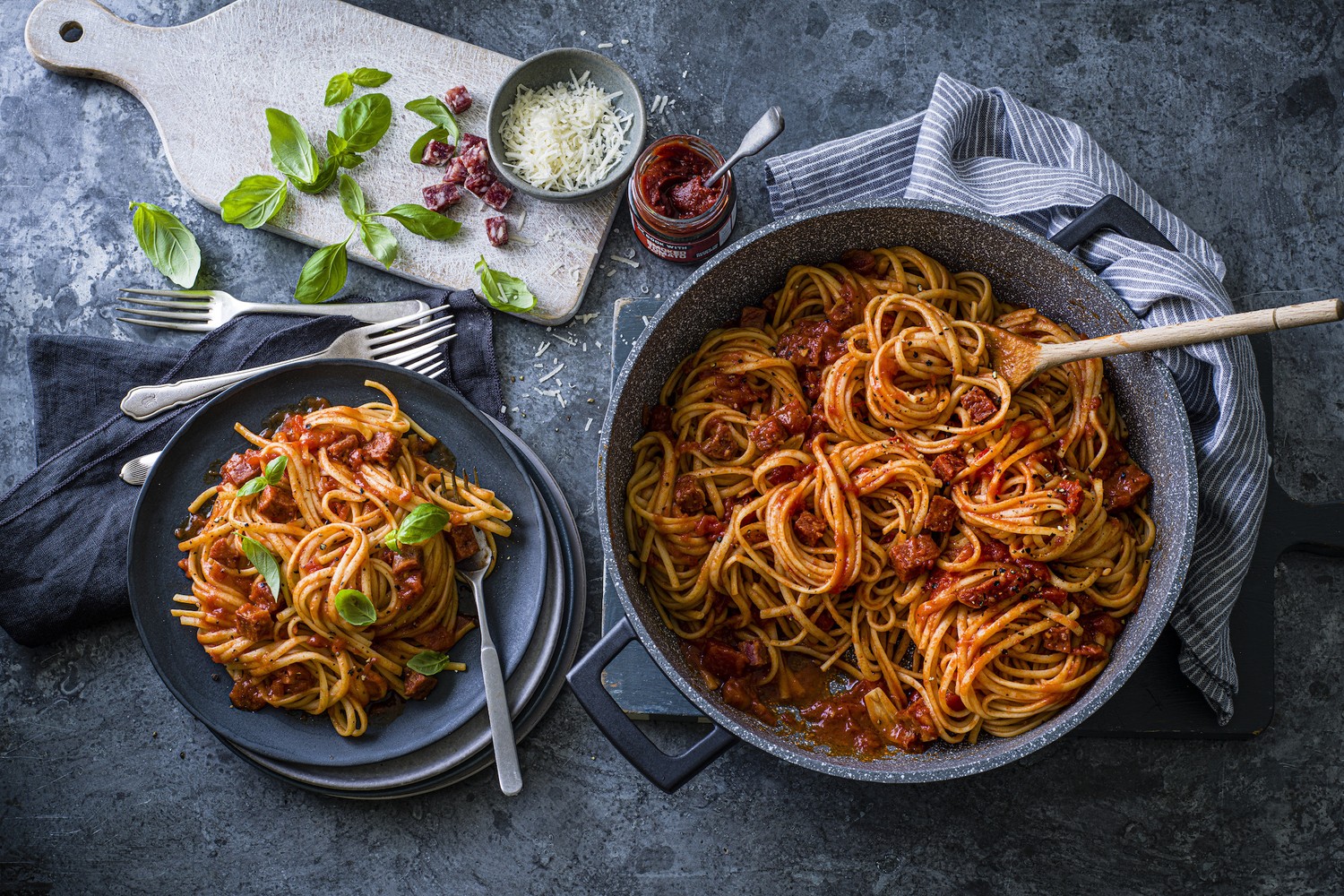 Tomato and Calabrian salami linguine