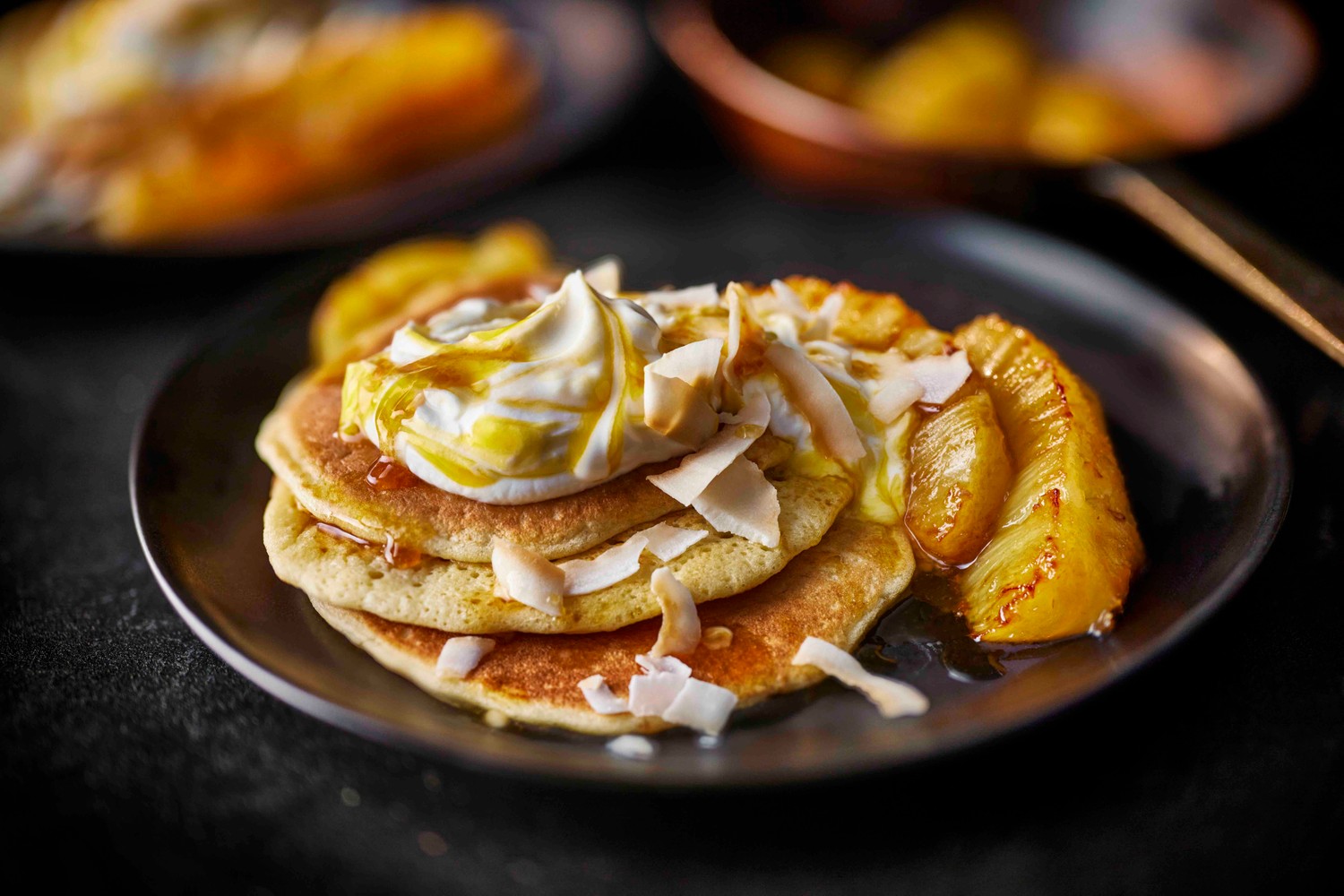 Gluten-free pancakes recipe with charred pineapple and coconut