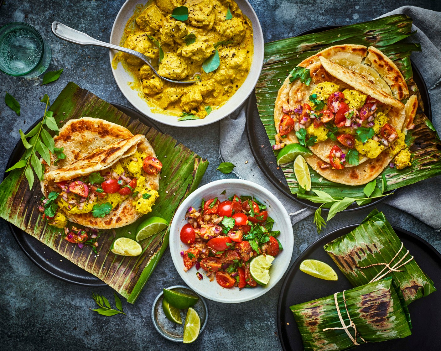 step 7 To assemble the chicken Kizhi, spoon some of the curry onto a paratha, place another paratha on top and wrap in a banana leaves (to taste) or foil. Dry-fry for 2-3 minutes in a large pan. Serve with the kachumber salad.