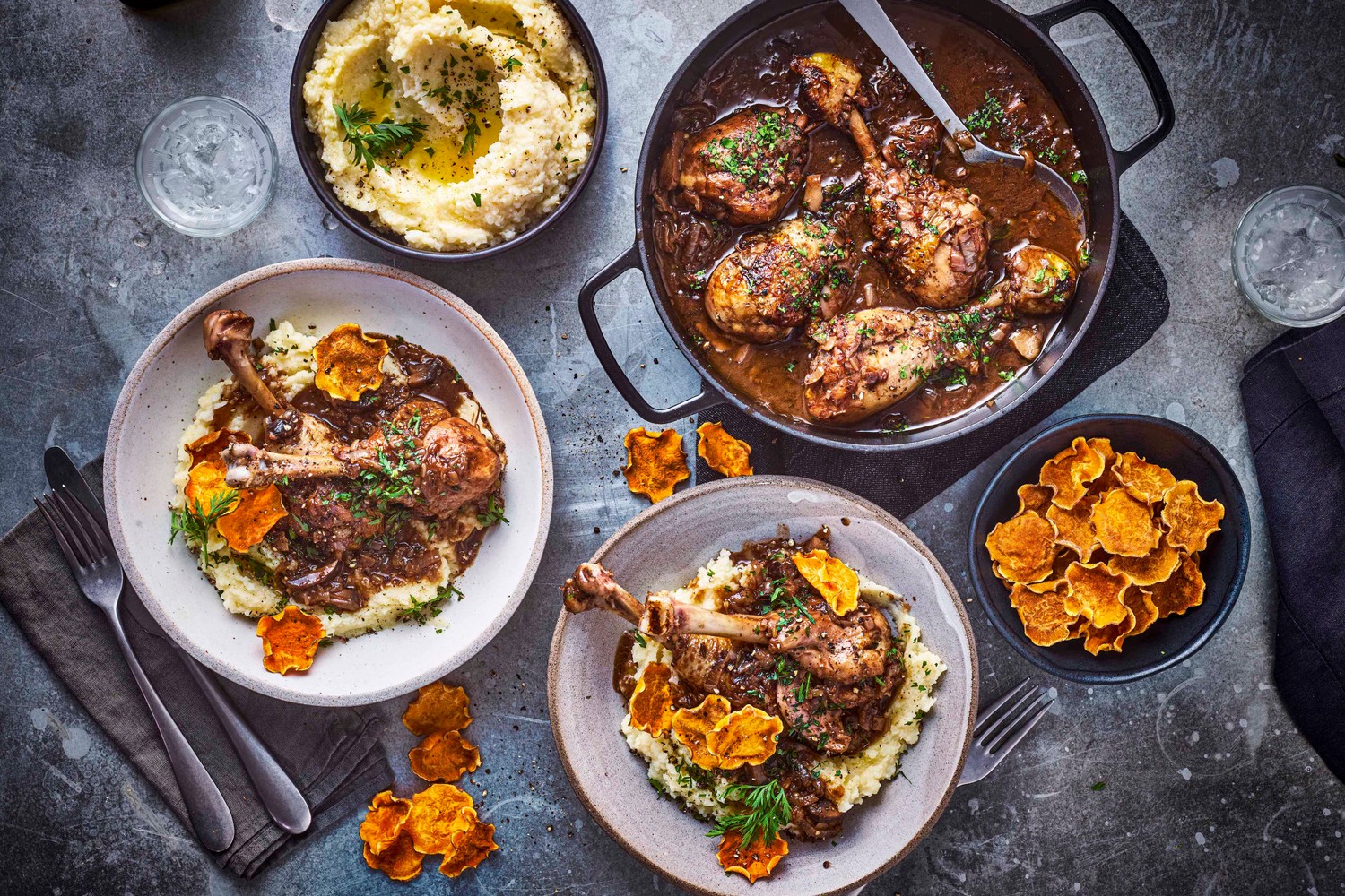 Chicken, chocolate and Merlot casserole with potato and cauliflower mash