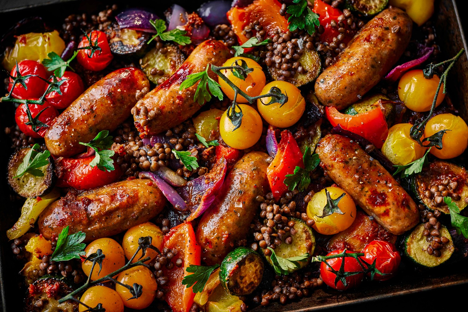 Sausage and lentil ‘dump and bake’ traybake