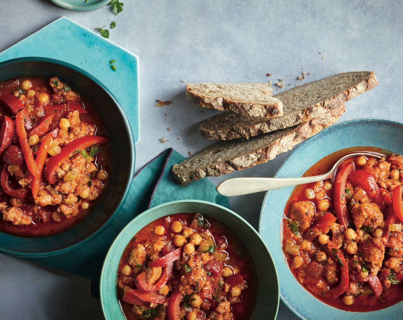 step 3 Add the chickpeas (1 tin), tinned tomatoes (1 tin), stock (300 ml), red wine vinegar (1 tbsp) and tomato purée (1 tbsp), season with salt and pepper and mix well. Simmer for 25 minutes, or until the sauce has thickened. Ladle the stew into bowls and serve with crusty bread (to taste).