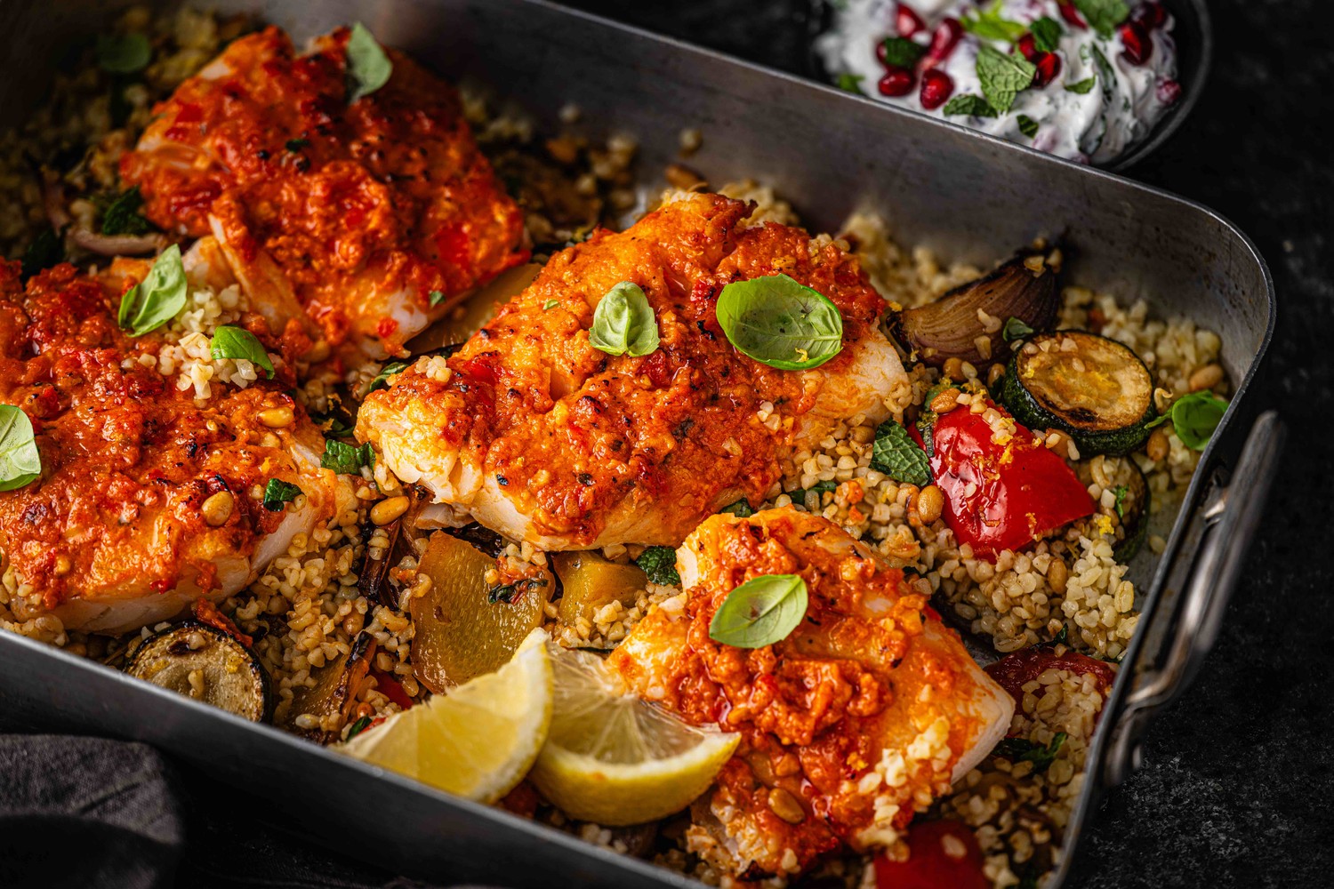 High protein cod, bulgur wheat and red pesto traybake recipe