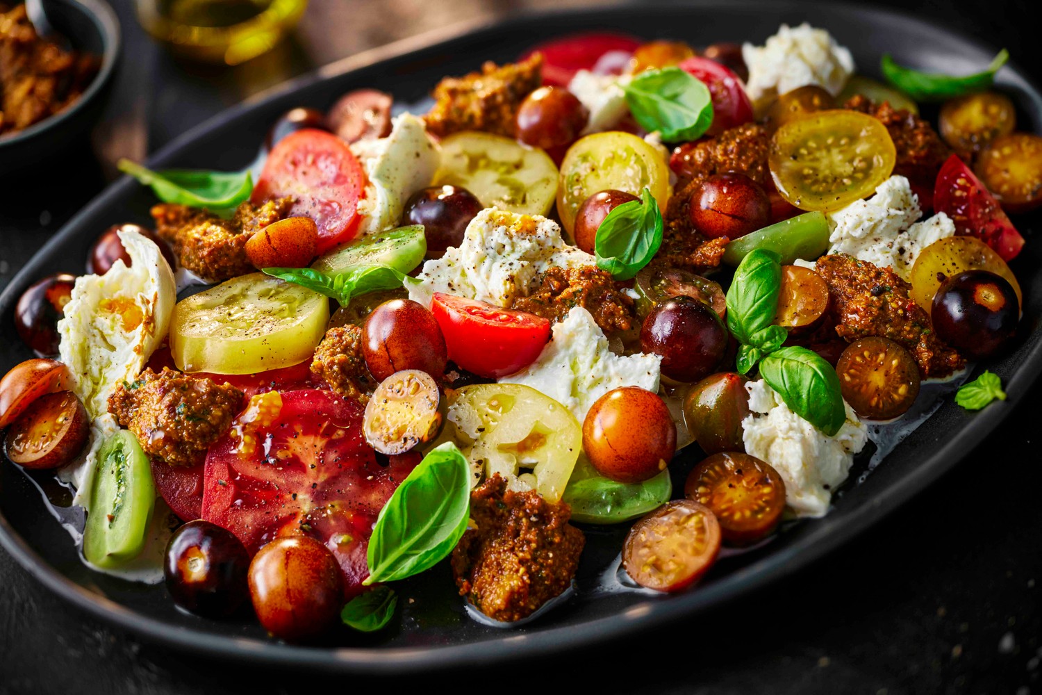 Harissa and pistachio pesto tomato caprese salad recipe