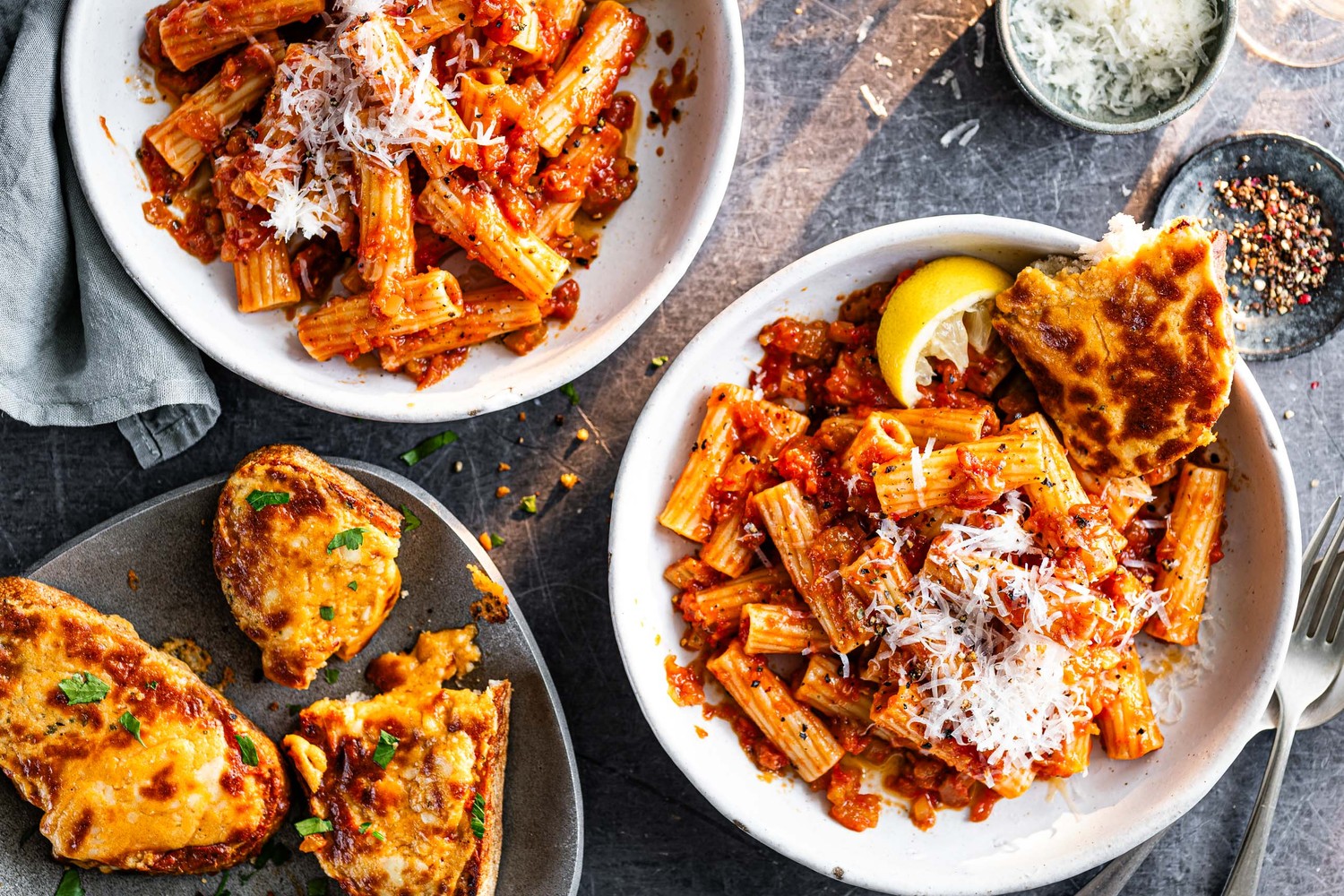Bloody Mary pasta with Bloody Mary garlic bread