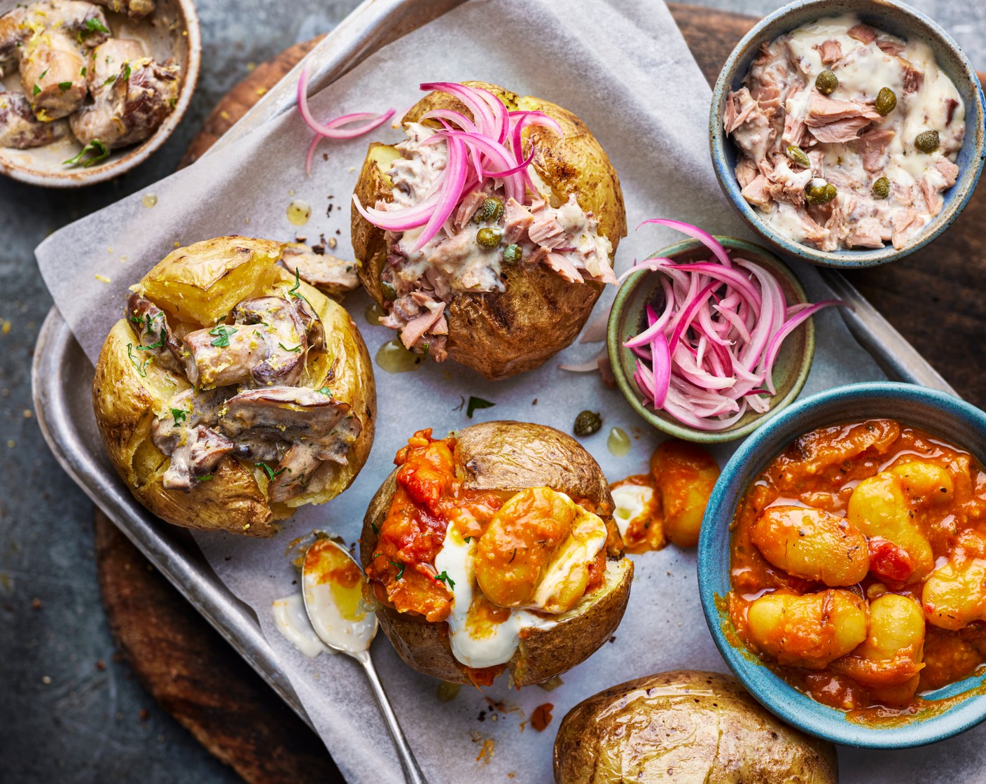 step 5 For the Spanish-style beans.
Heat the beans (2 tubs) according to the pack instructions. Serve in the jacket potatoes with a dollop of aioli (1 tbsp) on top.