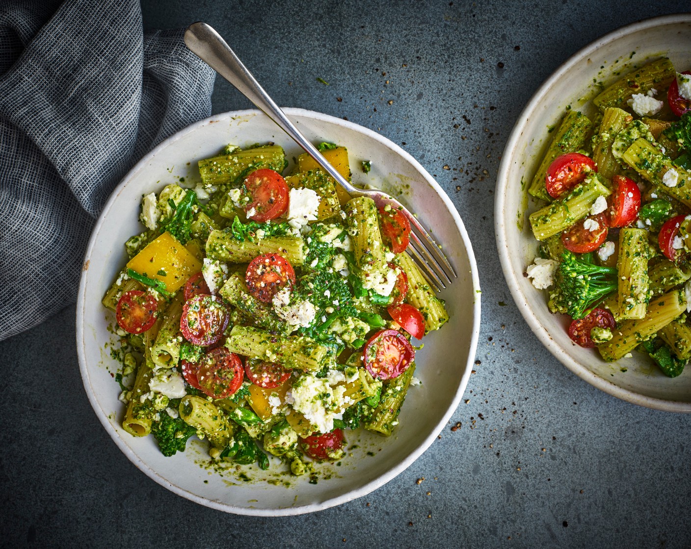 step 4 Stir through the pesto (100 g) and serve topped with the crumbled feta (60 g).