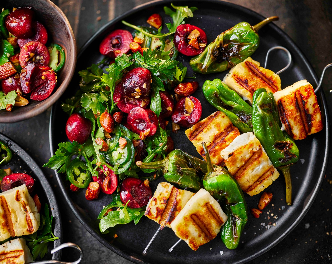 step 5 Serve the warm skewers alongside the herby cherry salad.