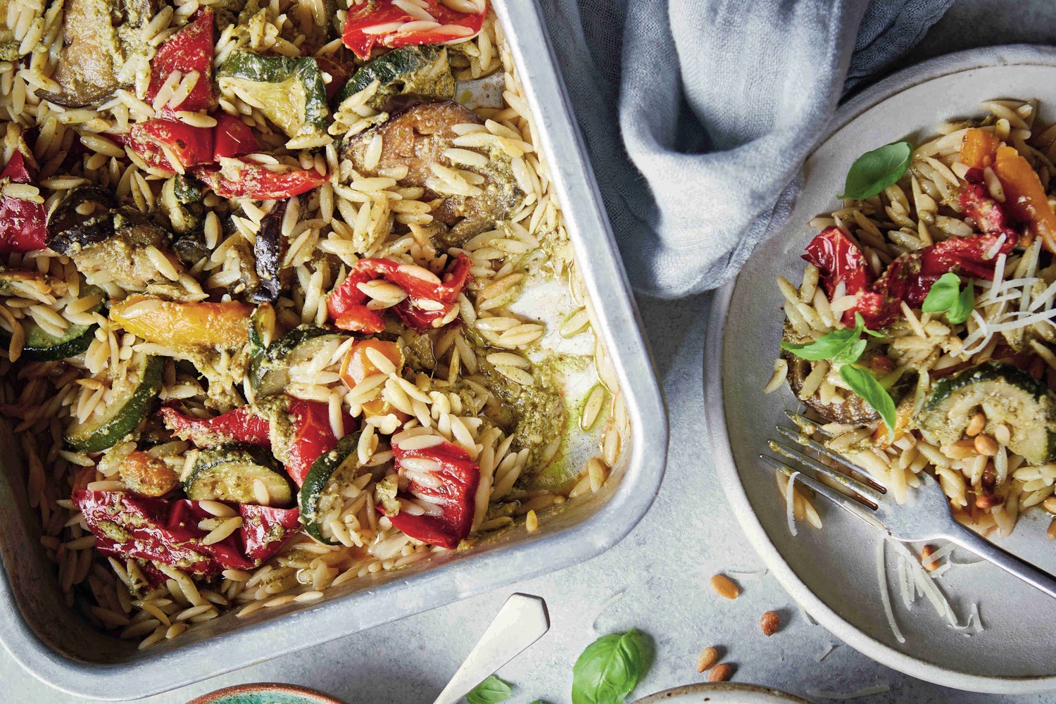 One-tray pesto orzo with Mediterranean vegetables