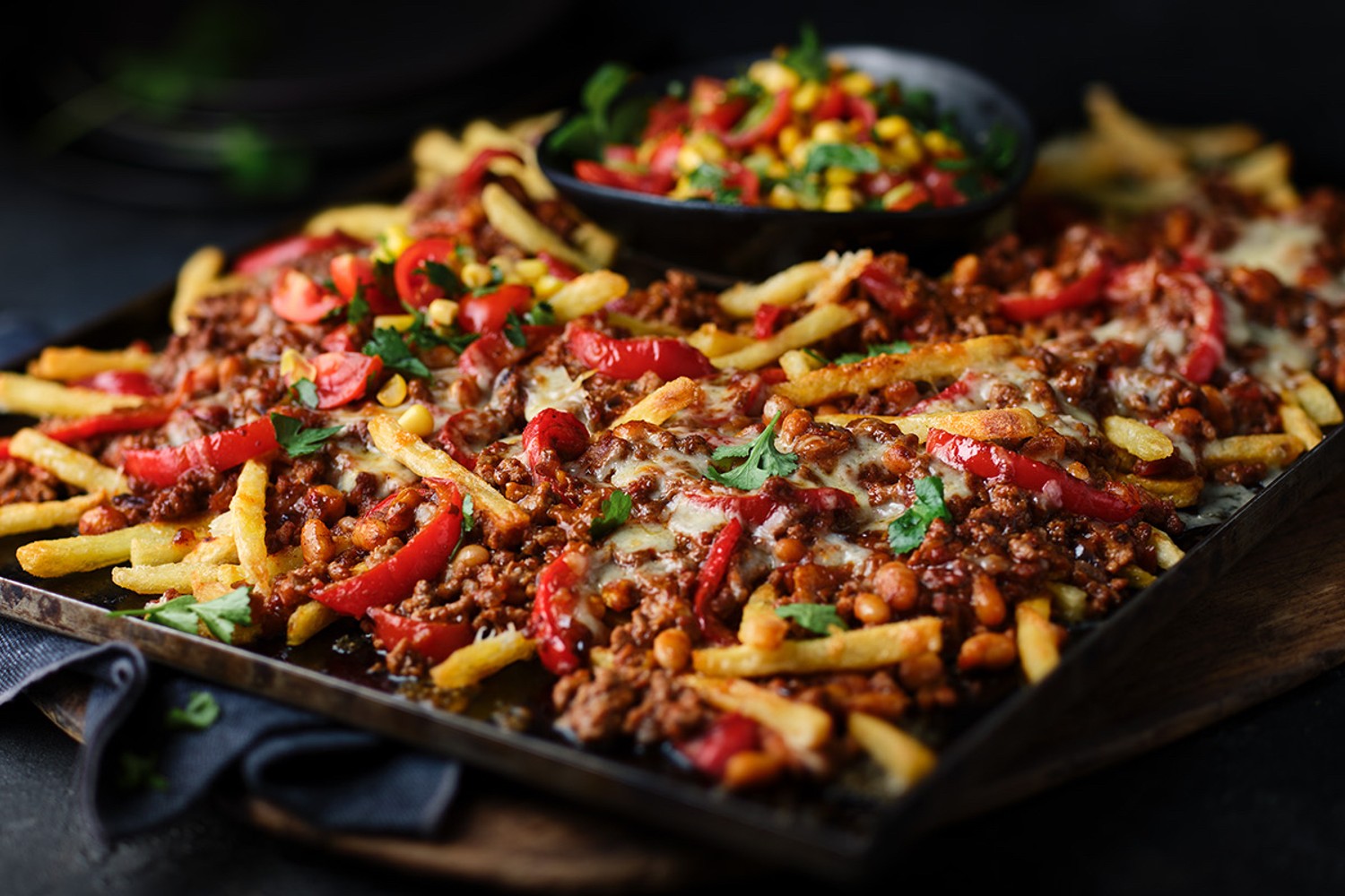 Beef and bean chilli cheese-loaded fries recipe