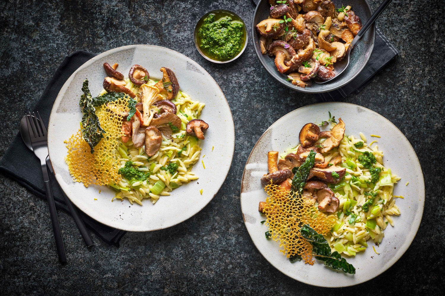 Wild mushroom orzo with basil pesto