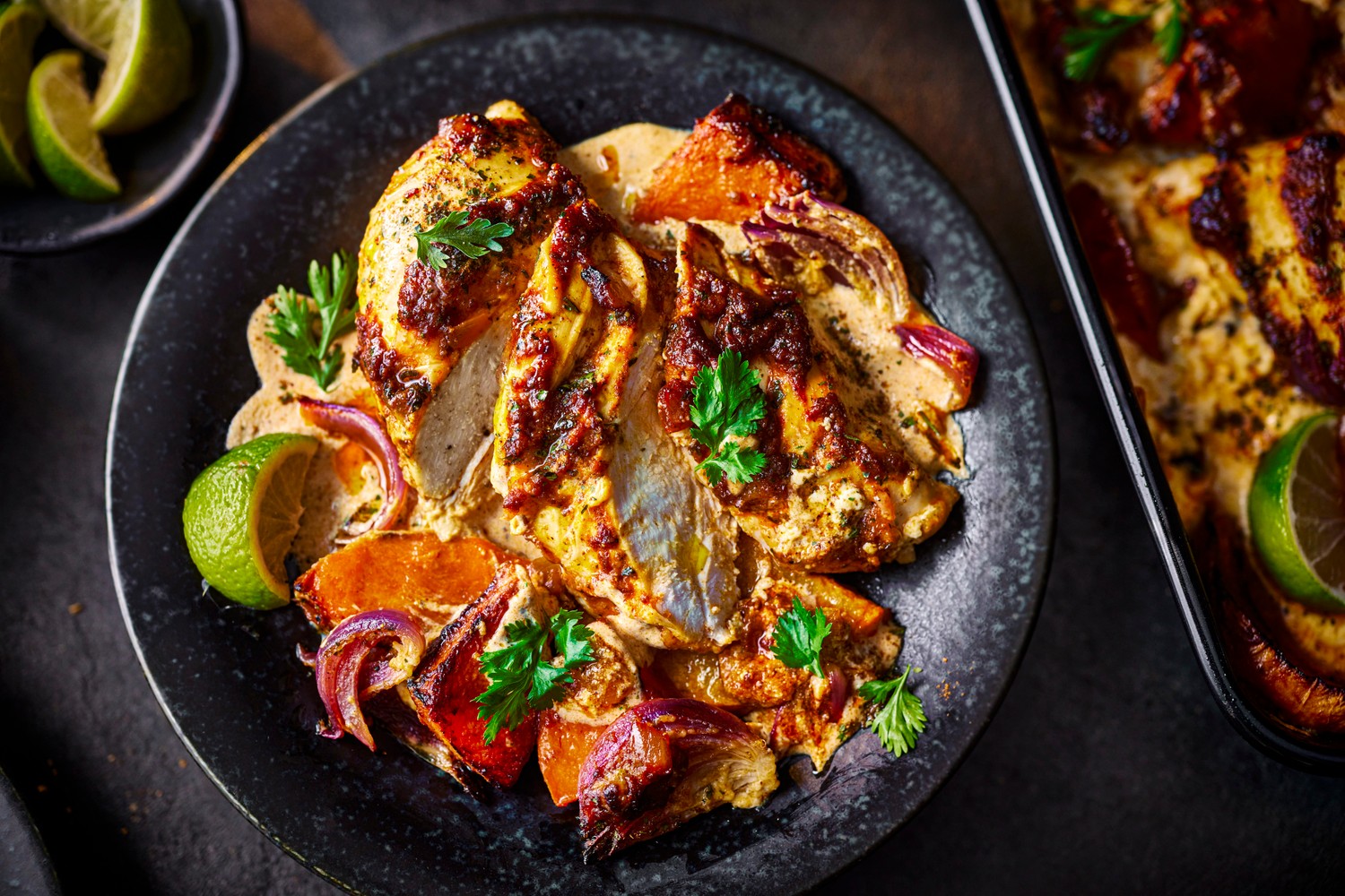 Butter chicken and squash traybake