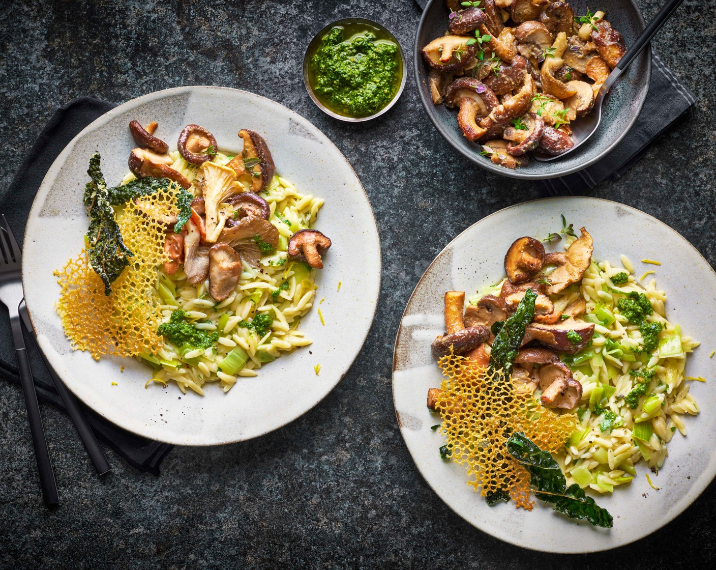 step 8 Serve the orzo with the mushrooms and basil pesto on top.