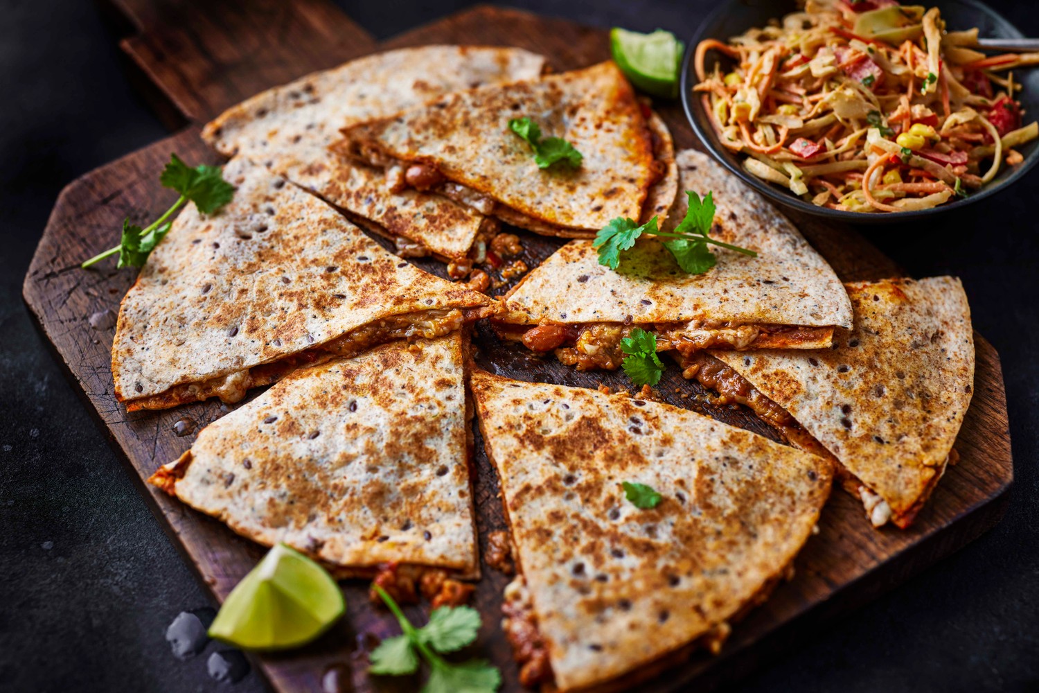 Refried bean quesadillas with Mexican slaw