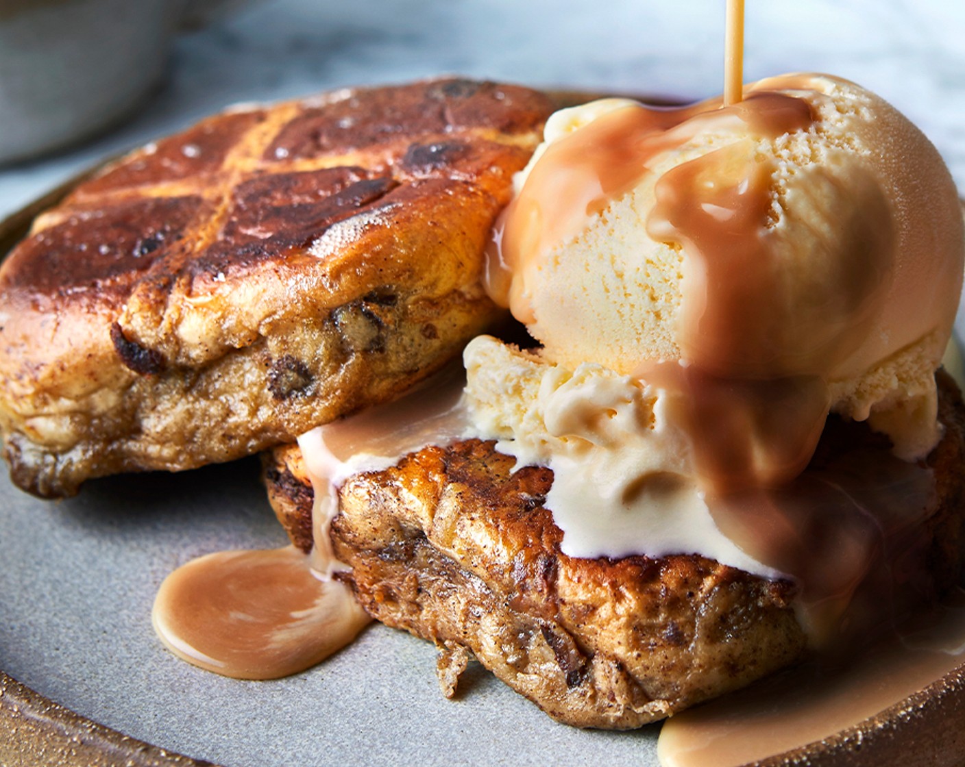 step 6 Serve with the ice cream (4 scoops) and warm salted caramel sauce.