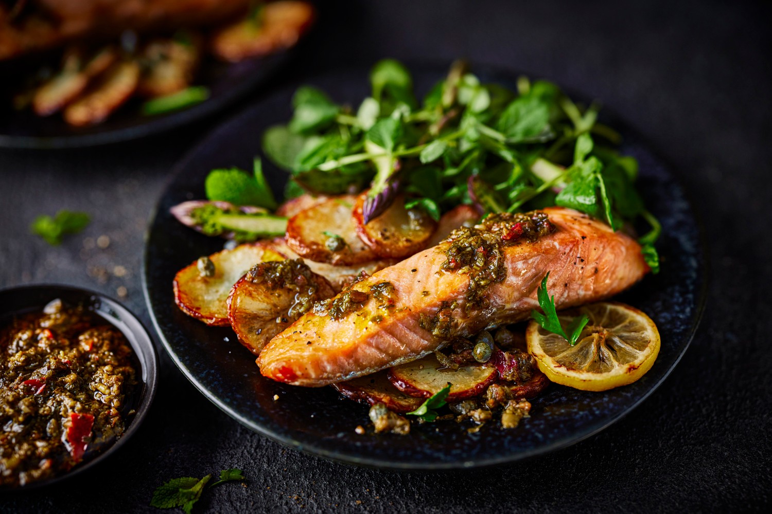 Air fryer salmon recipe with new potatoes, chimichurri and asparagus herb salad