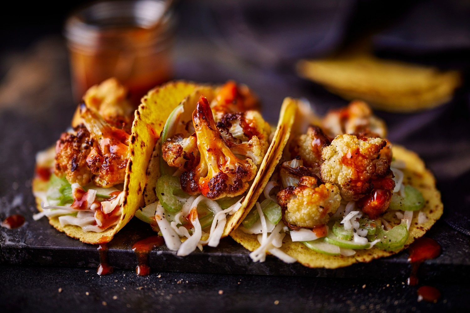 Barbecue cauliflower tacos with blue cheese ranch slaw recipe