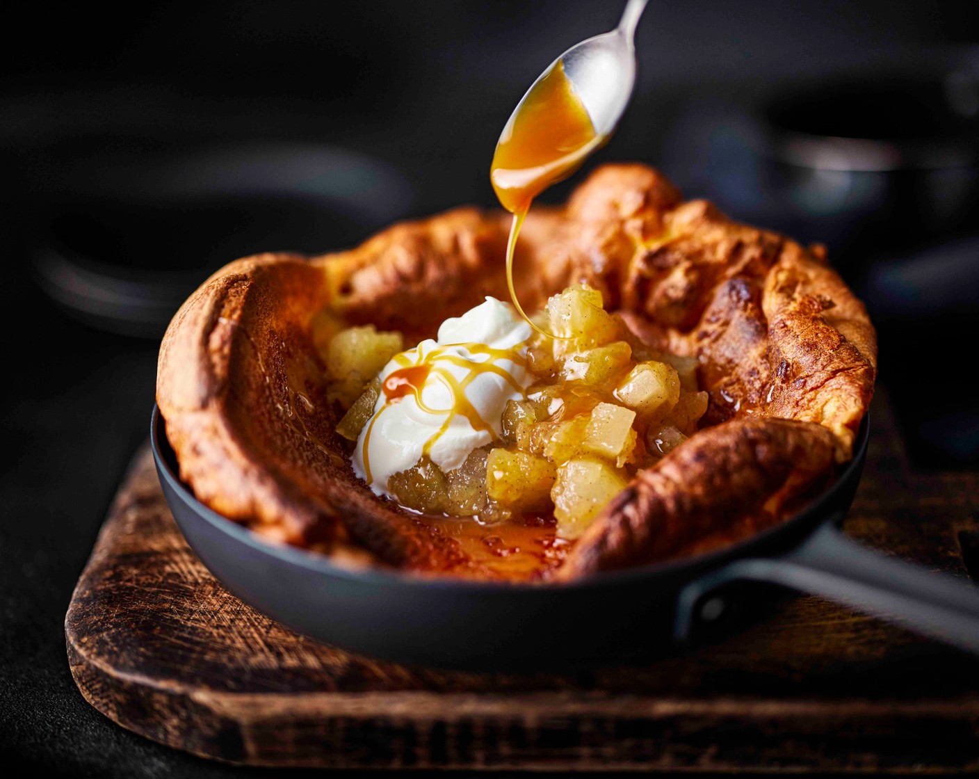 step 5 Serve immediately with the compote and dollops of Greek yogurt (4 tbsp) in the middle and finish with a drizzle of toffee sauce (2 tbsp).