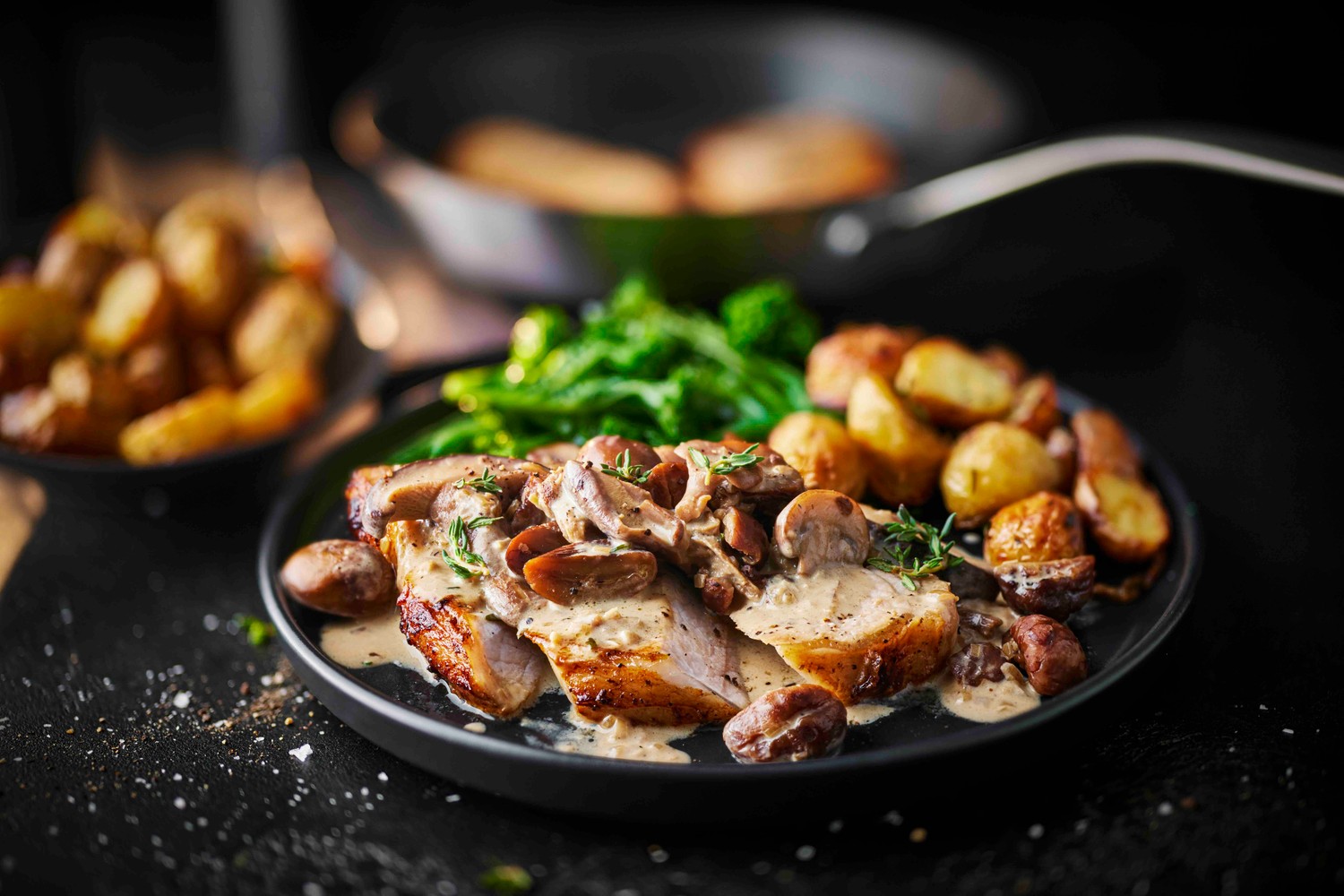 Pork steaks with creamy chestnut and mushroom sauce recipe