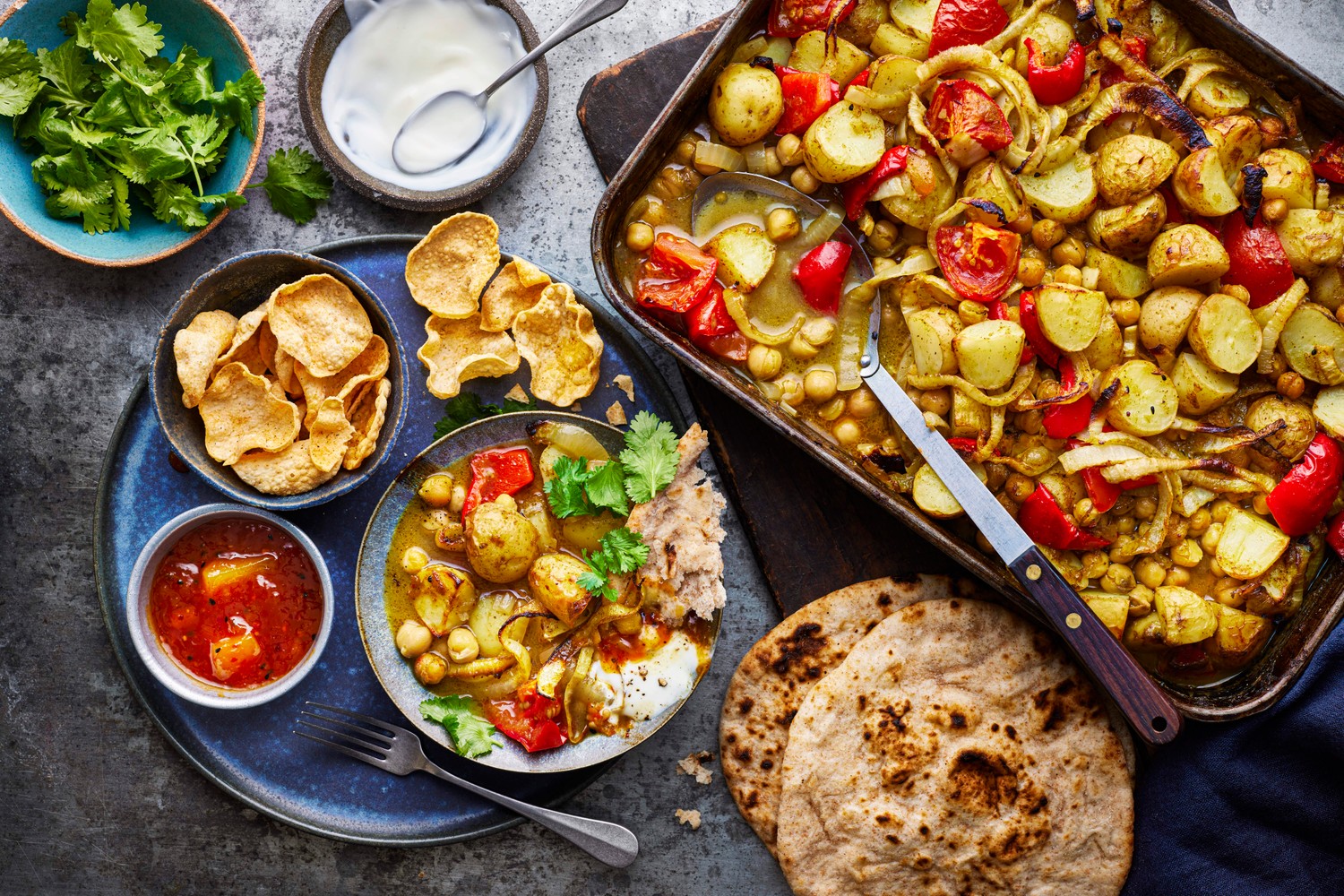 Korma potato and chickpea traybake