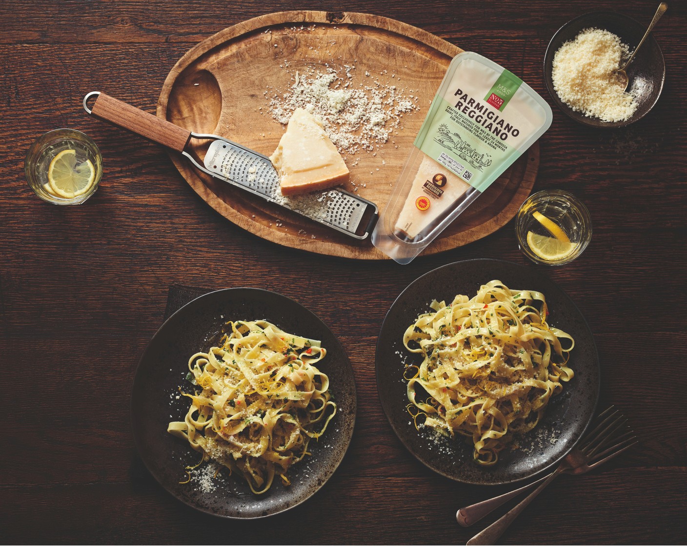 step 3 With a pair of tongs, add the cooked tagliatelle to the frying pan and toss everything together. Stir in the Parmigiano Reggiano (20 g) and parsley (1 handful). Top with a little more Parmigiano Reggiano and the lemon zest to serve.