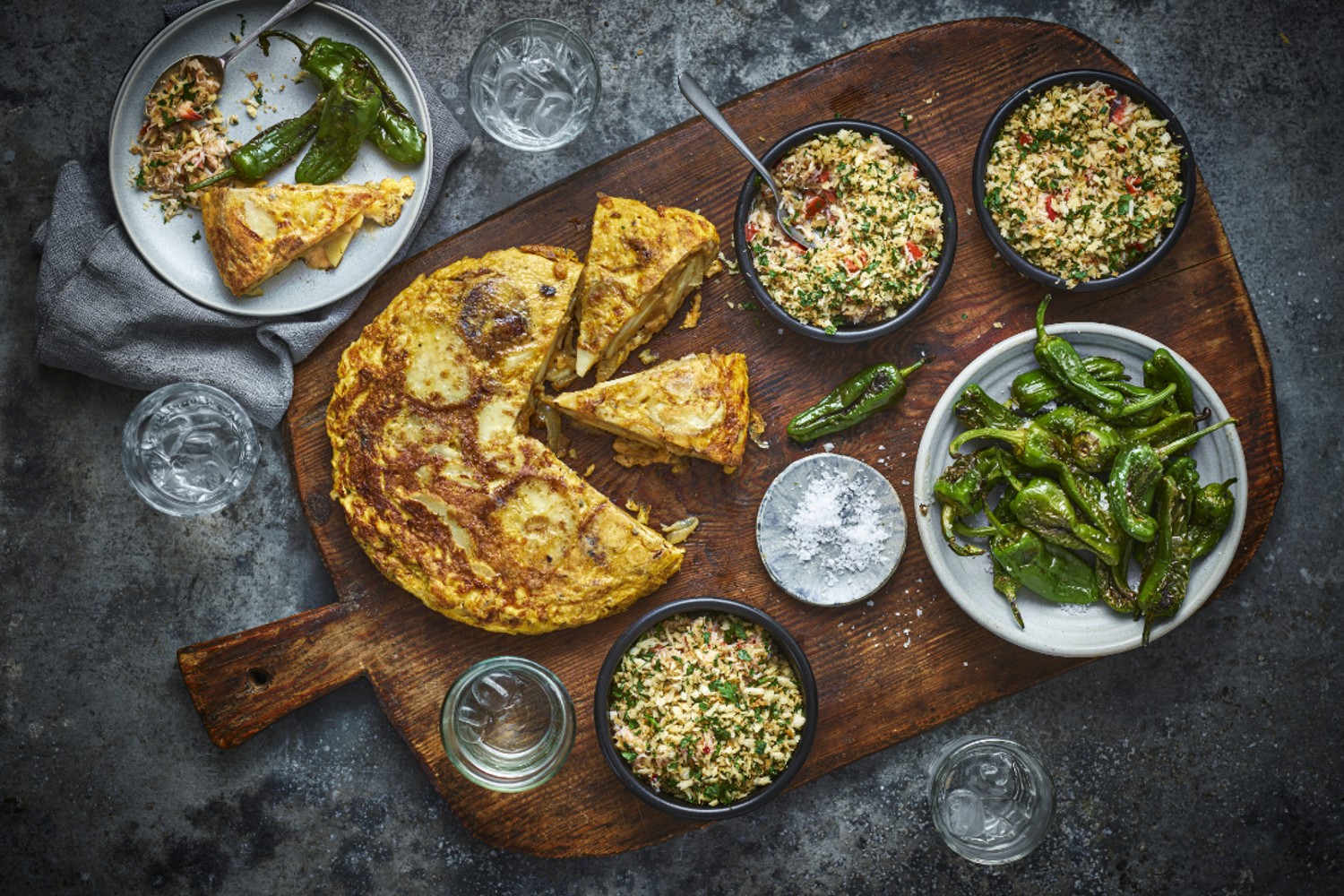Basque crab gratin with tortilla and padron peppers